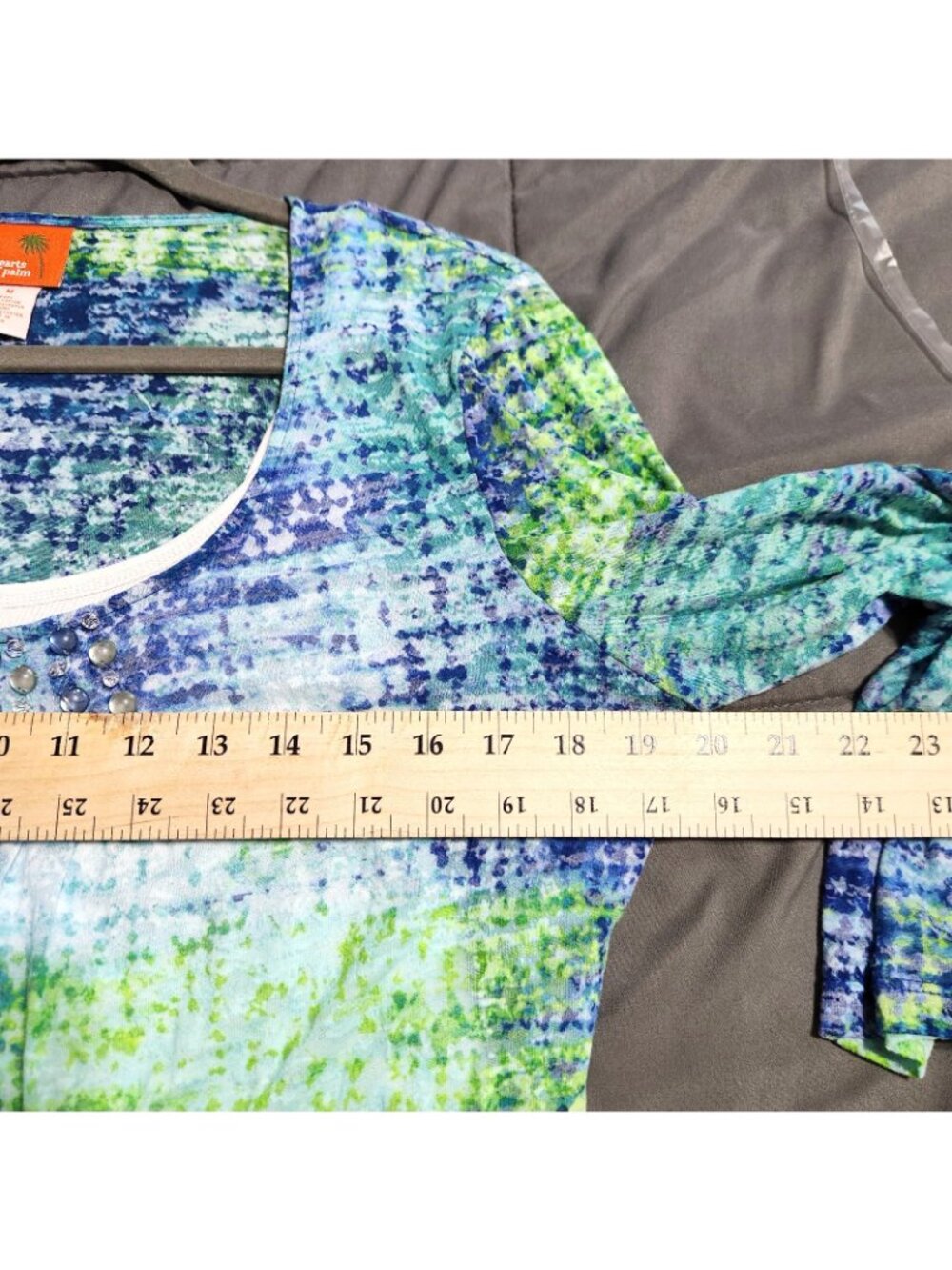 Hearts of Palm Embellished Watercolor Print Top Women's M Blue Green 3/4 Sleeve - Picture 11 of 13